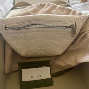 Gucci White Crossbody Bag with Monogram Designer Belt bag White Leather